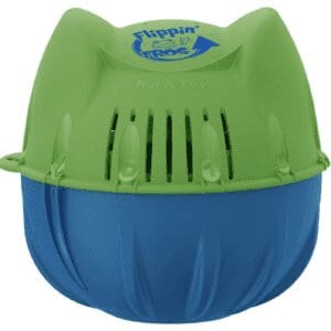 A green and blue Flippin’ FROG Complete Pool Sanitizing System for Pools 2,000 – 5,000 gallons, Quick and Easy All-in-One Pool Sanitizer uses Low Chlorine Levels and FROG Sanitizing Minerals with a lid.